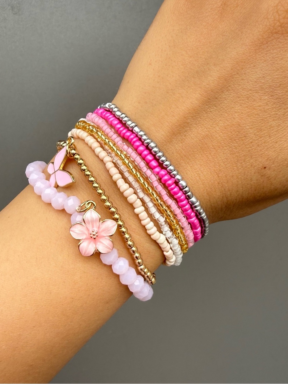 Pink Floral Beaded Charm Bracelet Stack - Women Jewelry